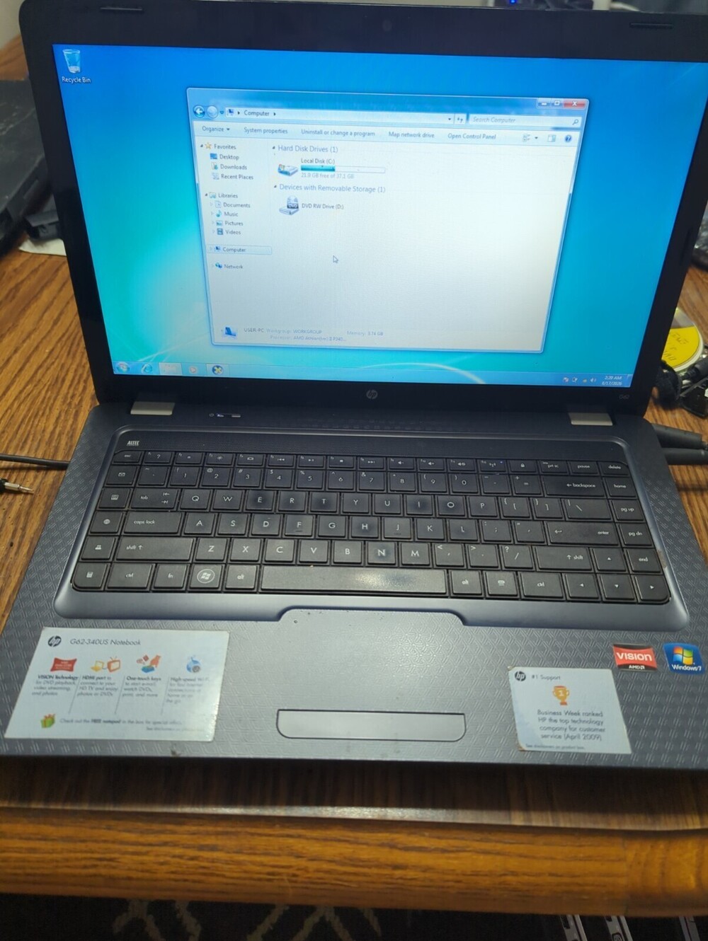 HP G62 Laptop Athlon P340, 4gb Ram, 40gb SSD, Win 7, DVD-RW, Wi-Fi, Webcam